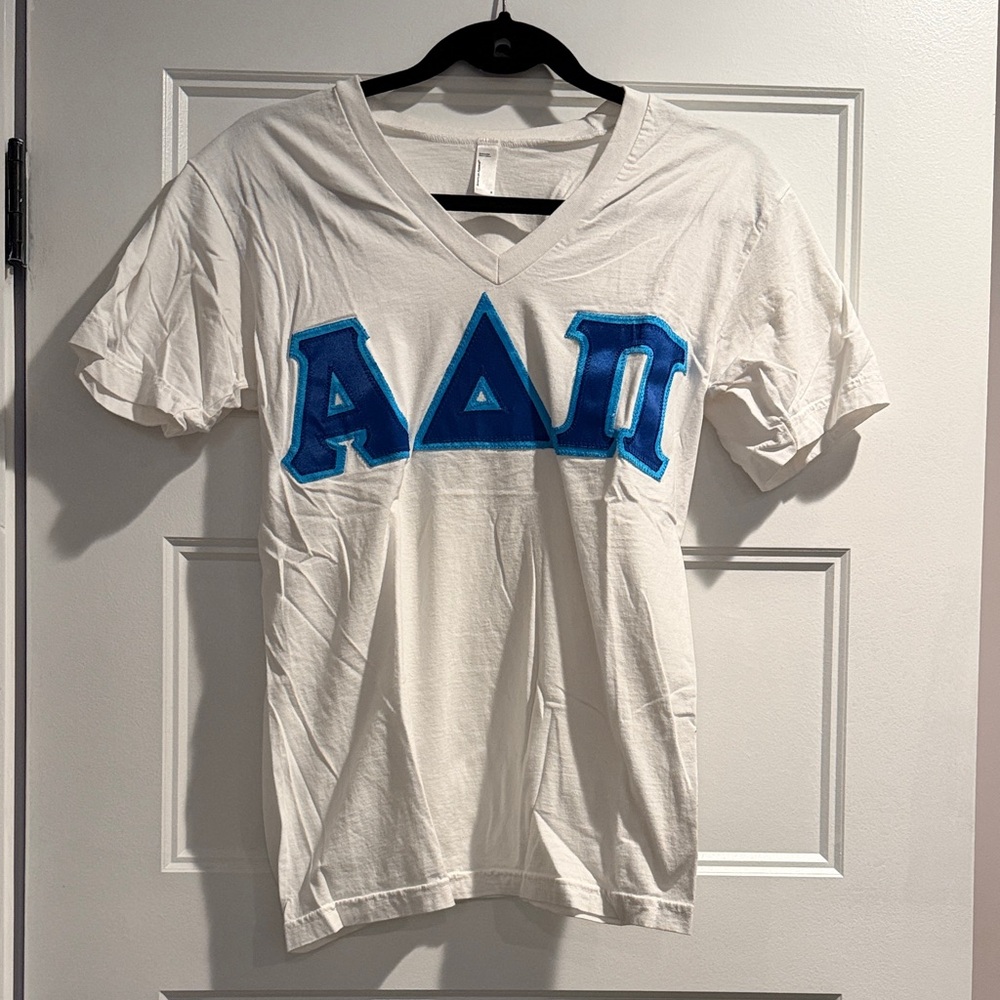 American Apparel White Tee with Blue Alpha Delta Pi sorority stitched Letters